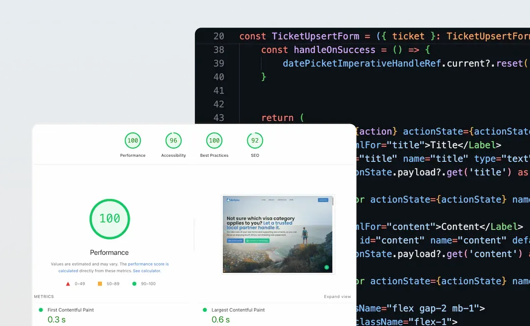 Performance metrics showing high scores and custom code snippets